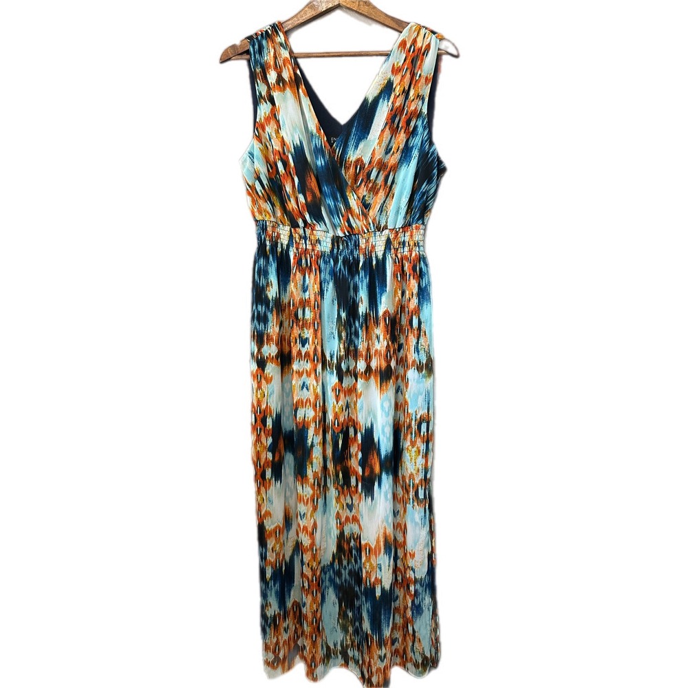Enfocus Women Maxi Dress Women 14W Blue Orange Ikat Print Excellent Smocked Boho